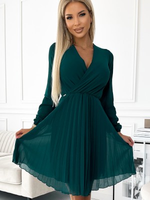 Плисирана рокля с дълъг ръкав в тъмнозелено 313-14