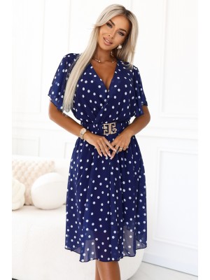 604-1 Нежна рокля на точки в тъмносиньо