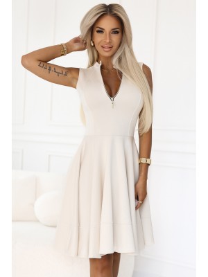 573-3 Разкроена бежова рокля с цип
