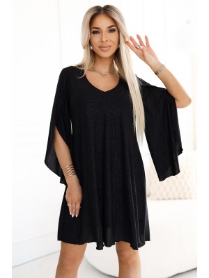 597-1 Елегантна черна рокля с ръкави тип пеперуда