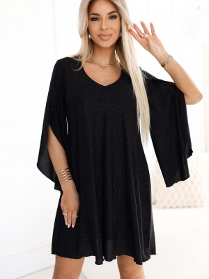 597-1 Елегантна черна рокля с ръкави тип пеперуда