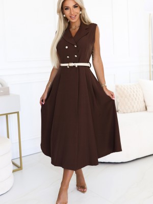 596-4 Елегантна миди рокля в кафяв цвят