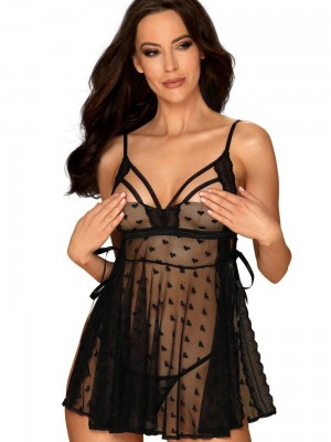 Секси нощница с прашки Koszulka-Heartia-Babydoll-stringi-GRATIS-Czarny