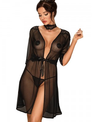 Халат Peniuar-Lucita-koronkowy-pasek-choker-GRATIS-Czarny