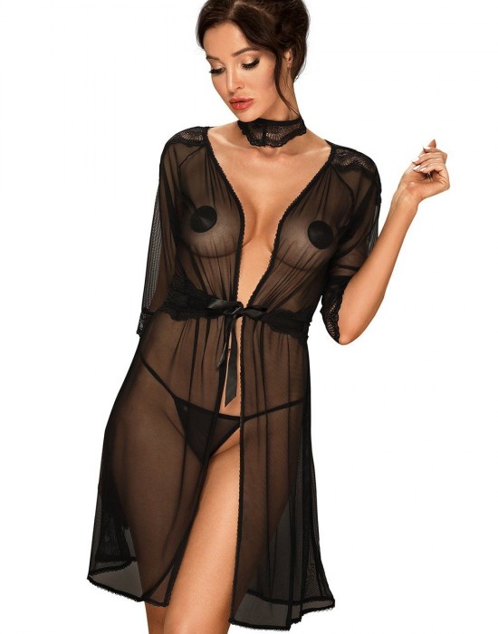 Халат Peniuar-Lucita-koronkowy-pasek-choker-GRATIS-Czarny