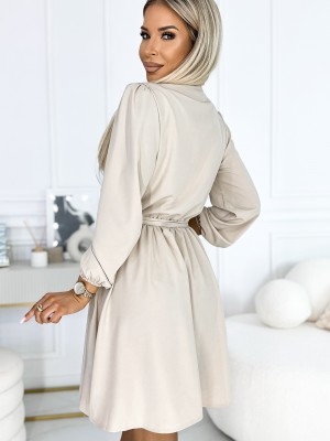 Елегантна рокля с дълъг ръкав в бежово 339-4