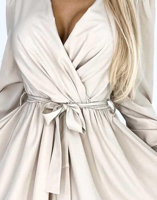 Елегантна рокля с дълъг ръкав в бежово 339-4