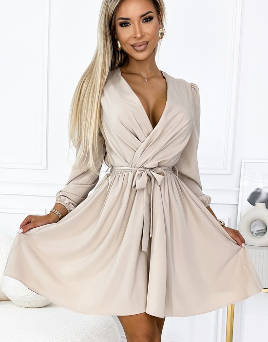 Елегантна рокля с дълъг ръкав в бежово 339-4