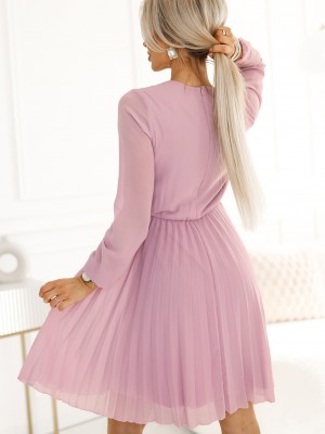 Плисирана рокля с дълъг ръкав в цвят пудра 313-16