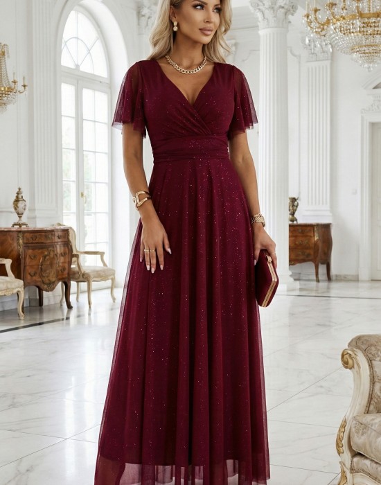 Дълга рокля с брокат в цвят бордо 635-5