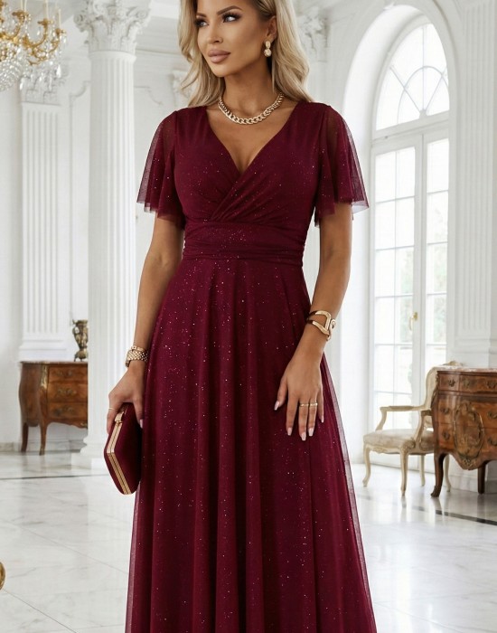 Дълга рокля с брокат в цвят бордо 635-5
