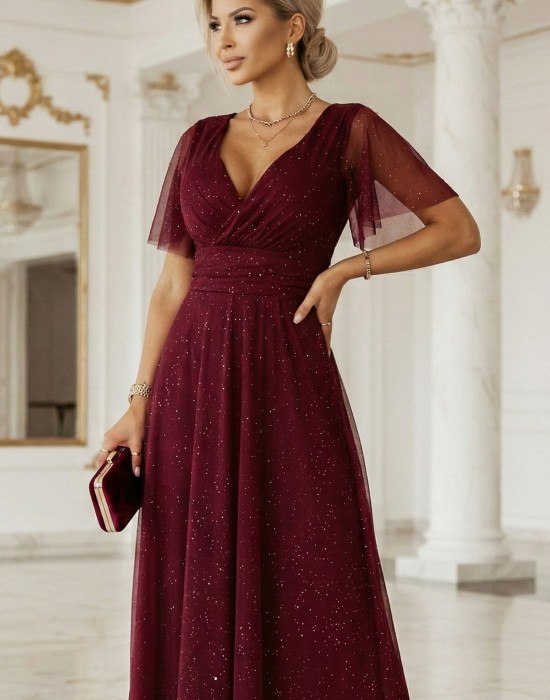 Дълга рокля с брокат в цвят бордо 635-5