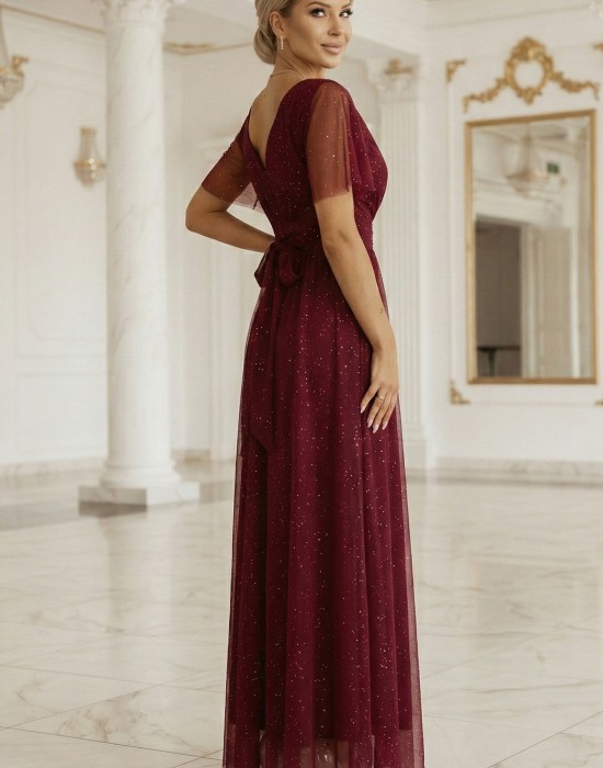 Дълга рокля с брокат в цвят бордо 635-5