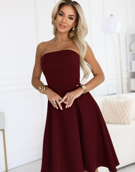 Елегантна рокля без презрамки в цвят бордо 641-1