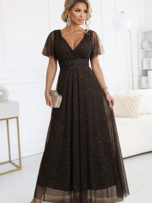 Дълга рокля с брокат в кафяв цвят 635-4