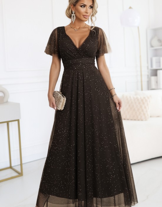 Дълга рокля с брокат в кафяв цвят 635-4