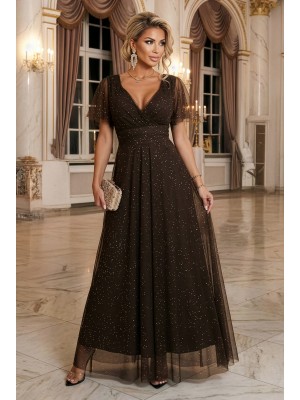 Дълга рокля с брокат в кафяв цвят 635-4