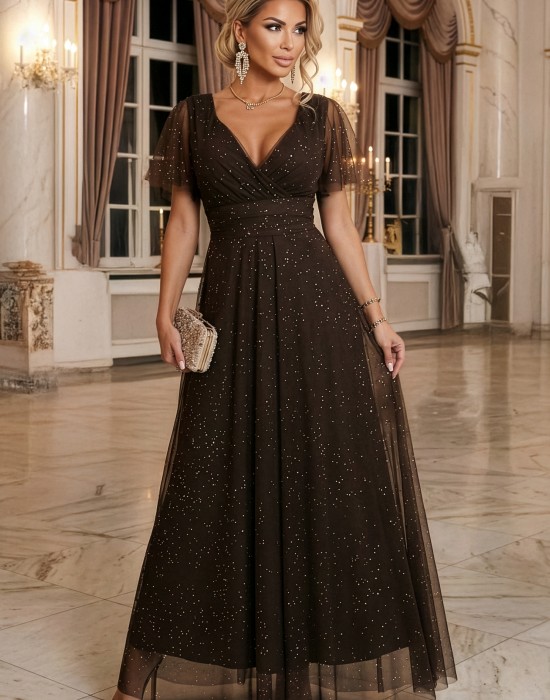 Дълга рокля с брокат в кафяв цвят 635-4