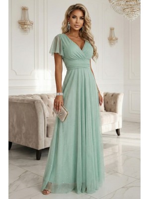 Дълга рокля с брокат в цвят мента 635-8