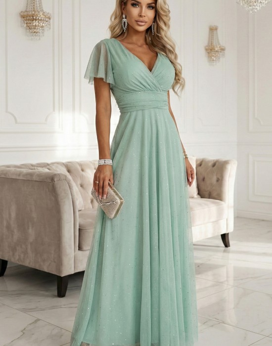 Дълга рокля с брокат в цвят мента 635-8