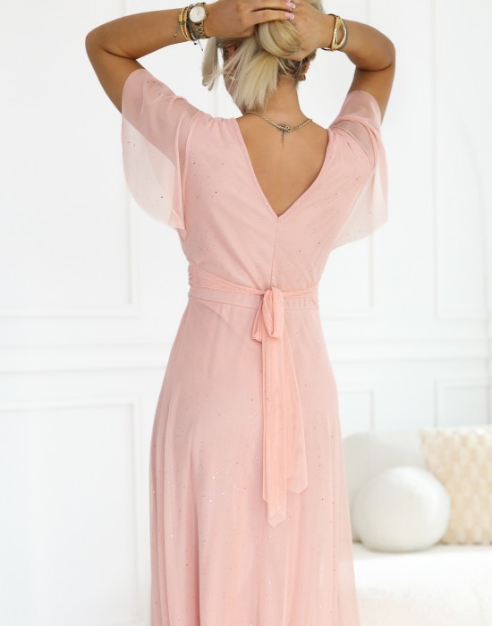 Дълга рокля с брокат в цвят праскова 635-7