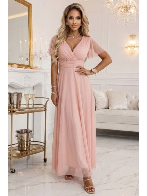 Дълга рокля с брокат в цвят праскова 635-7