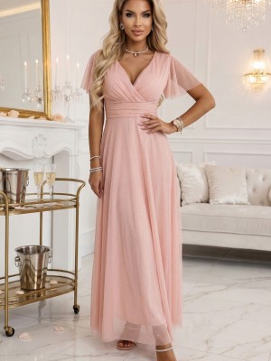 Дълга рокля с брокат в цвят праскова 635-7