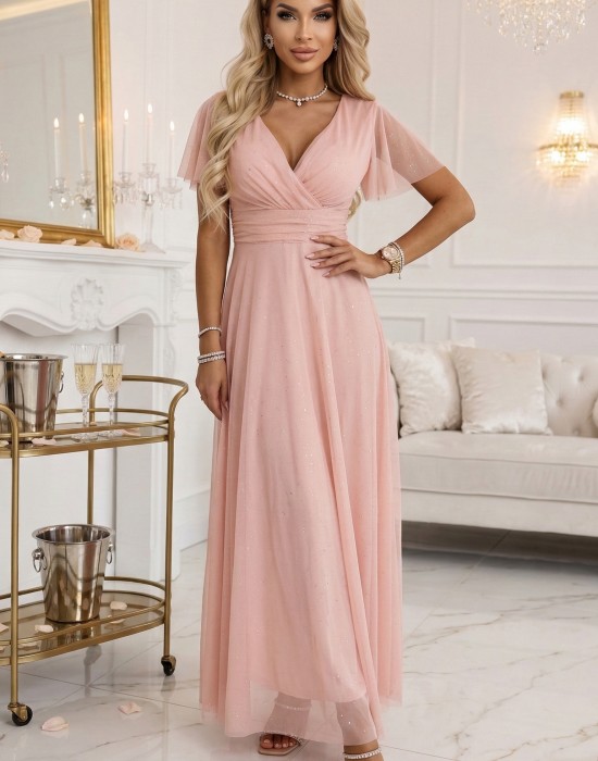 Дълга рокля с брокат в цвят праскова 635-7