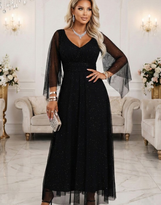 Дълга рокля с тюл в черен цвят 655-1