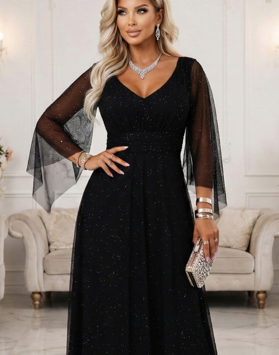 Дълга рокля с тюл в черен цвят 655-1