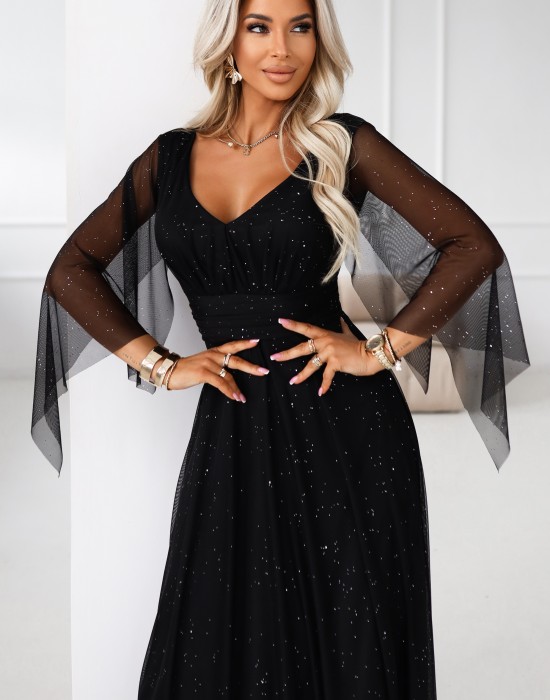Дълга рокля с тюл в черен цвят 655-1