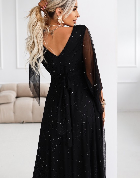 Дълга рокля с тюл в черен цвят 655-1