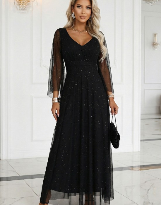 Дълга рокля с тюл в черен цвят 655-1