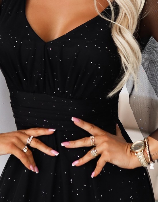 Дълга рокля с тюл в черен цвят 655-1