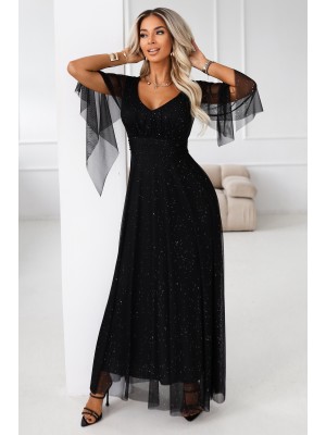 Дълга рокля с тюл в черен цвят 655-1