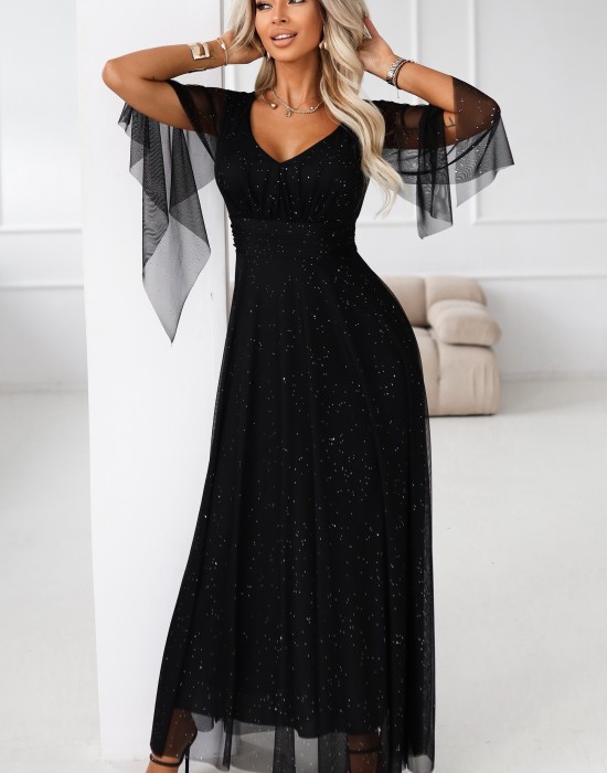 Дълга рокля с тюл в черен цвят 655-1