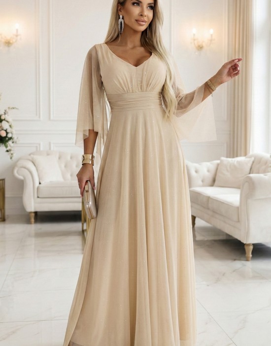  Дълга рокля с тюл в бежов цвят 655-4