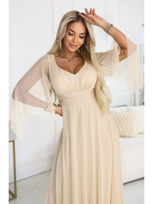  Дълга рокля с тюл в бежов цвят 655-4