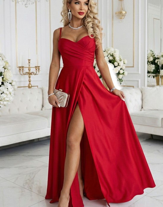 Дълга рокля с цепка в червен цвят 646-3