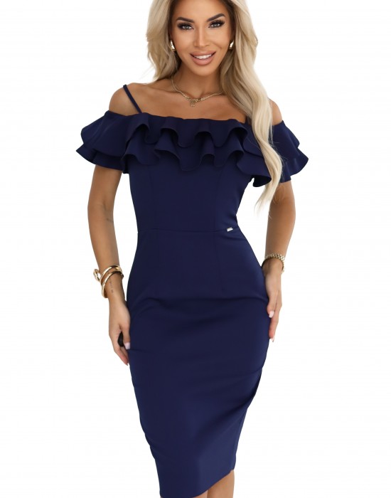 CARMEN 599-3 Елегантна миди рокля в тъмносин цвят