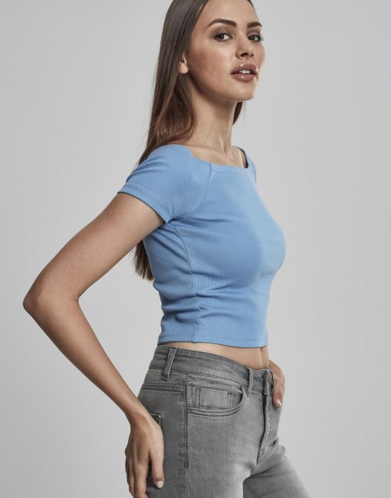 Дамски къс топ с голи рамена в синьо Urban Classics horizonblue