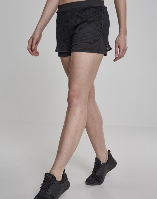 Дамски двуслойни мрежести къси панталони в черно Urban Classics Ladies Double Layer Mesh Shorts