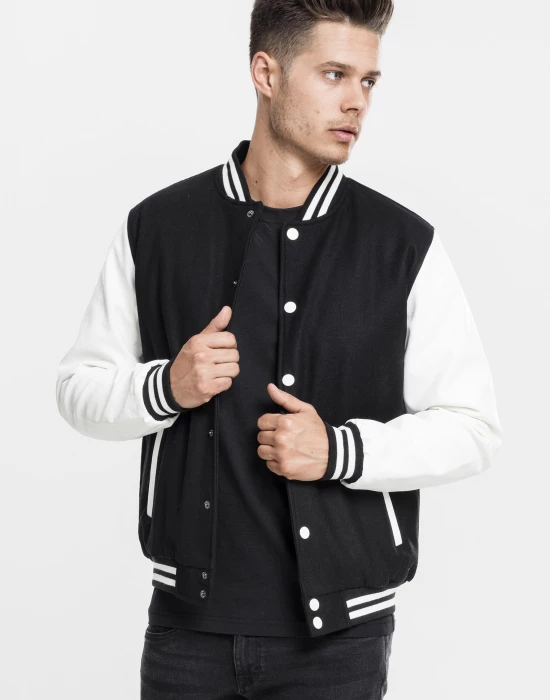 Мъжко колежанско яке Urban Classics blk/wht с кожени ръкави, Urban Classics, Якета - Complex.bg