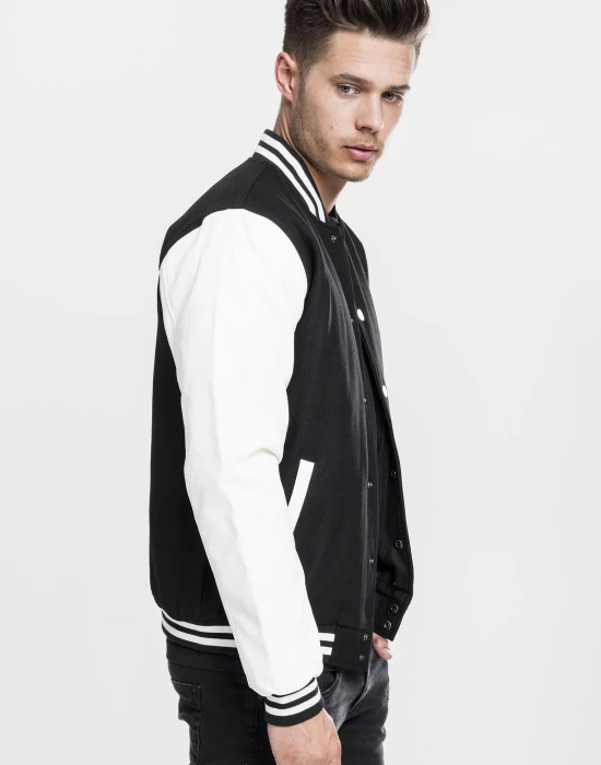 Мъжко колежанско яке Urban Classics blk/wht с кожени ръкави, Urban Classics, Якета - Complex.bg