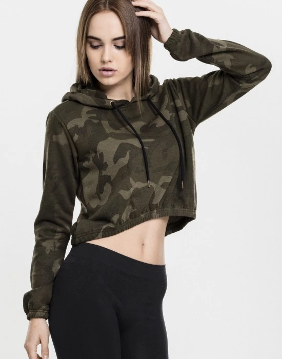 Дамски суичър в цвят маслина Urban Classics Ladies Camo Cropped Hoody, Urban Classics, Суичъри - Complex.bg
