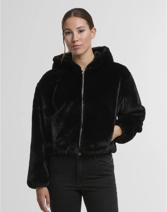 Суичър Ladies Full Zip Faux Fur Hoodie black XS, Urban Classics, Суичъри - Complex.bg